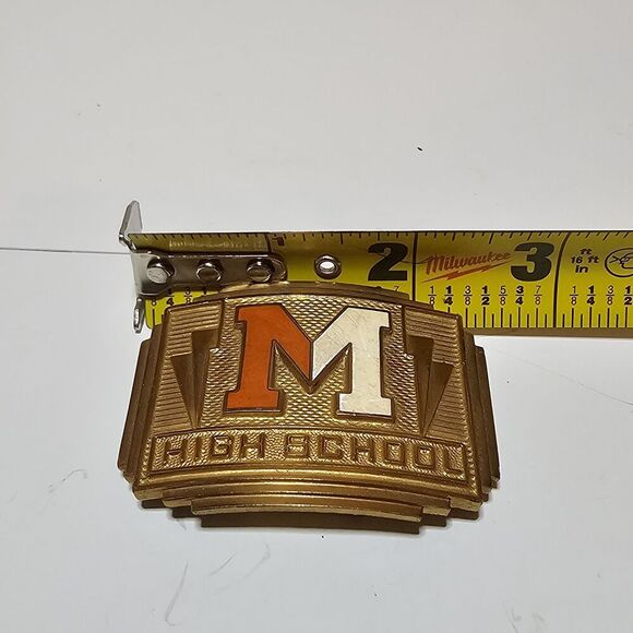 Vintage Invisible Made In The Usa Brass Belt Buckle "M HIGHSCHOOL" Orange White - Picture 7 of 9